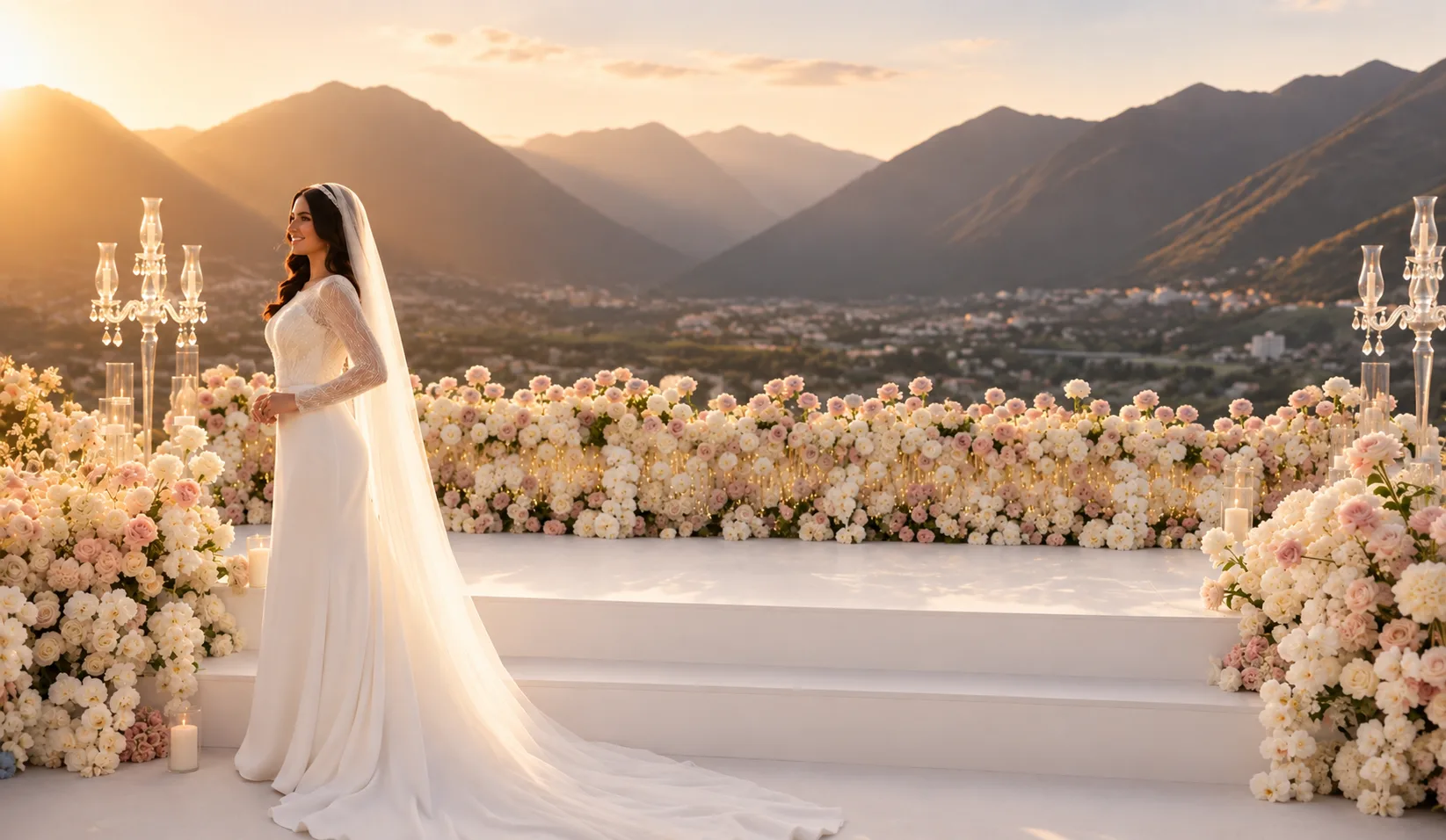 Bride in a bespoke ivory gown with a beaded lace bodice, long sheer sleeves and a plain crepe column skirt, under a full-length cathedral veil, standing at the left of a white ceremony platform banked with blush and cream roses and tall glass candelabra, above a wide mountain valley at sunset