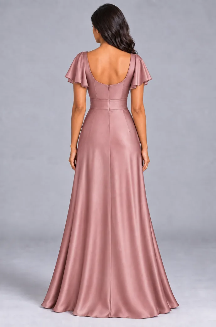 Bridesmaid dresses: Lilah - V-Neck Flutter Sleeves Bridesmaid Gown in Dusty Rose