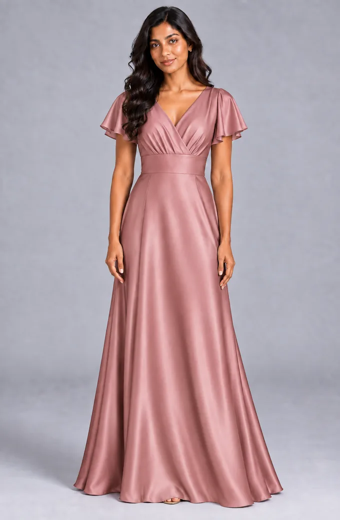 Bridesmaid dresses: Lilah - V-Neck Flutter Sleeves Bridesmaid Gown in Dusty Rose