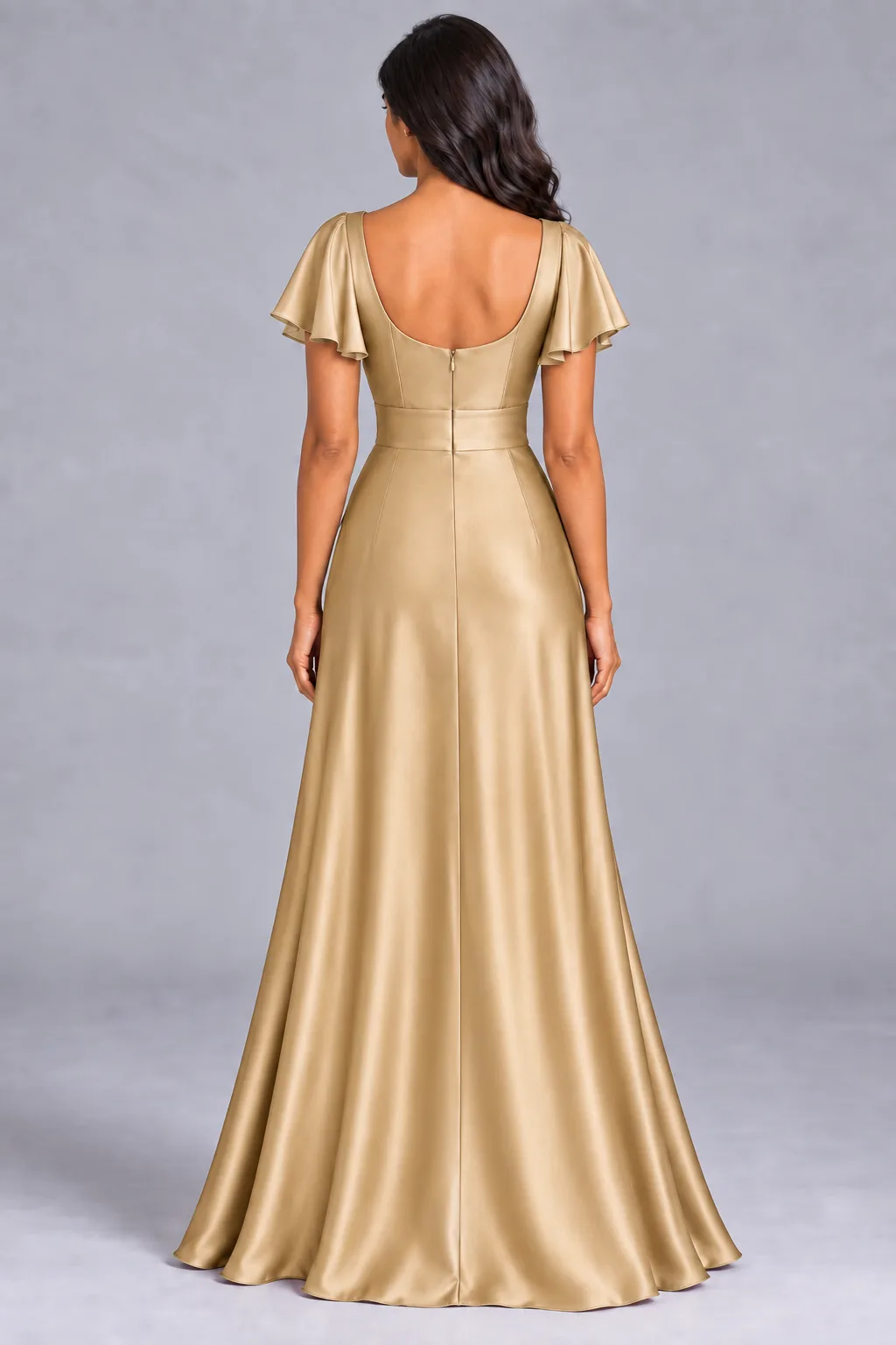 Bridesmaid dresses: Lilah - V-Neck Flutter Sleeves Bridesmaid Gown in Champagne Gold