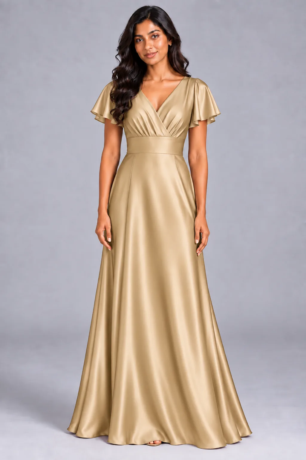 Bridesmaid dresses: Lilah - V-Neck Flutter Sleeves Bridesmaid Gown in Champagne Gold