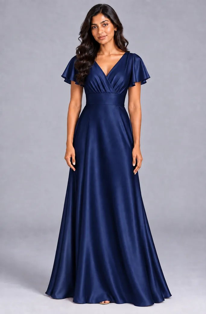 Bridesmaid dresses: Lilah - V-Neck Flutter Sleeves Bridesmaid Gown in Midnight Navy