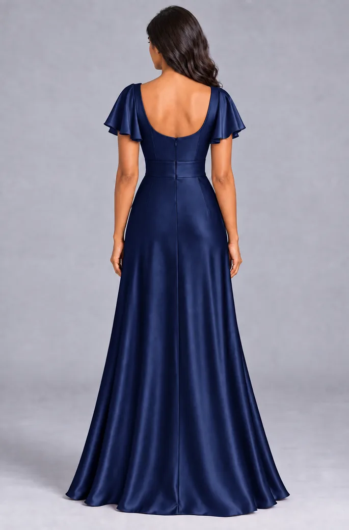Bridesmaid dresses: Lilah - V-Neck Flutter Sleeves Bridesmaid Gown in Midnight Navy
