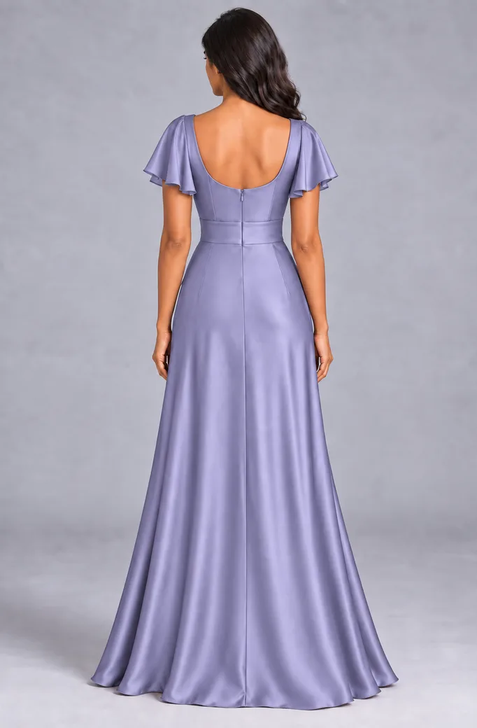 Bridesmaid dresses: Lilah - V-Neck Flutter Sleeves Bridesmaid Gown in Baby Lavender
