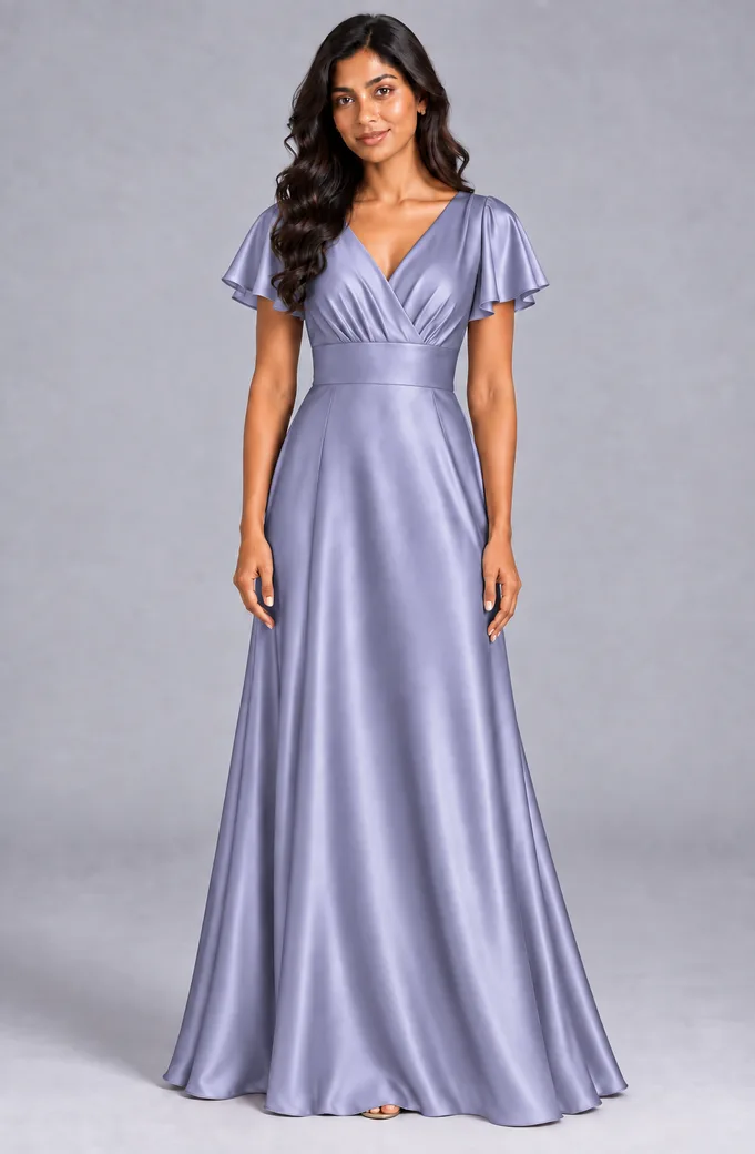 Bridesmaid dresses: Lilah - V-Neck Flutter Sleeves Bridesmaid Gown in Baby Lavender