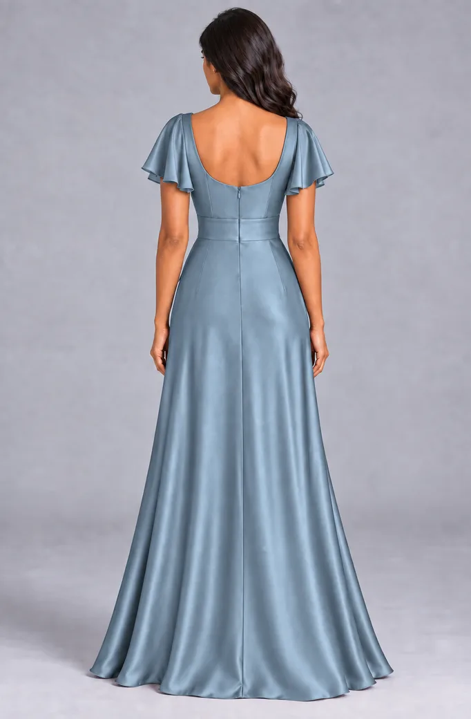 Bridesmaid dresses: Lilah - V-Neck Flutter Sleeves Bridesmaid Gown in Dusty Blue