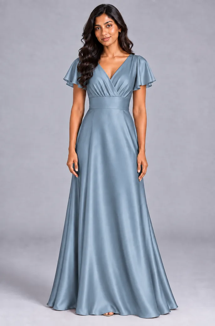 Bridesmaid dresses: Lilah - V-Neck Flutter Sleeves Bridesmaid Gown in Dusty Blue
