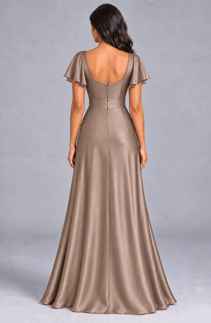 Bridesmaid dresses: Lilah - V-Neck Flutter Sleeves Bridesmaid Gown in Warm Taupe