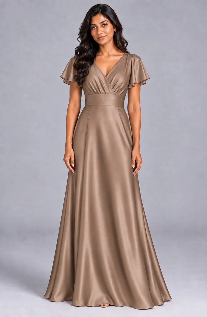 Bridesmaid dresses: Lilah - V-Neck Flutter Sleeves Bridesmaid Gown in Warm Taupe